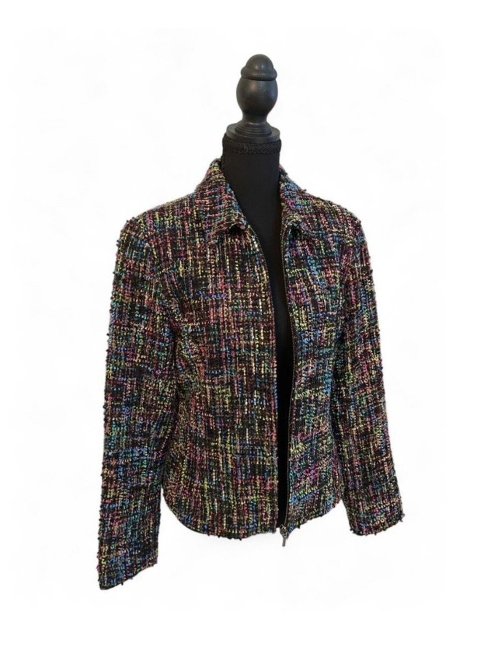Vintage Colorful Tweed Jacket Zip-Up Artsy Multicolored Old Money Collar Blazer